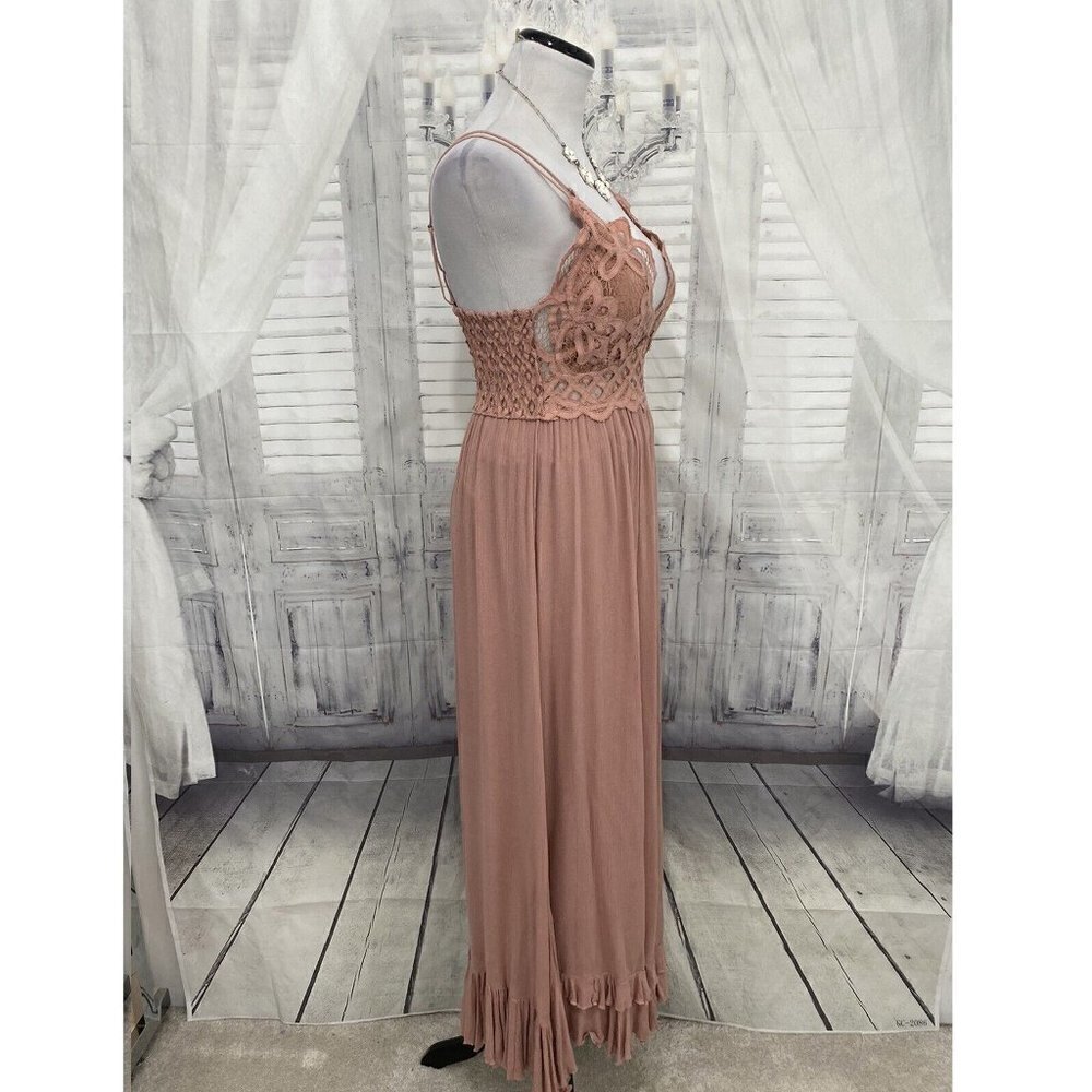 Free People Medium Crochet Lace Maxi Slip Dress Rose Pink Strappy Back Gauze NWT - Picture 6 of 13